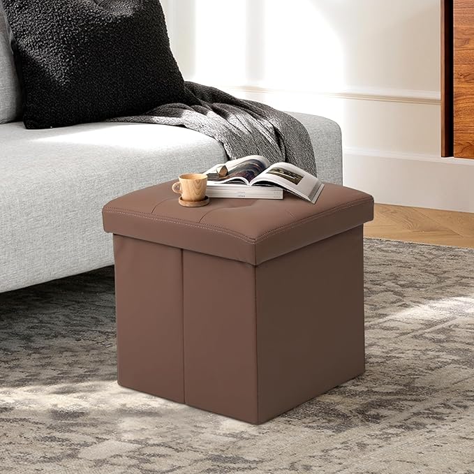 Athena Collection Leather Square Ottoman with Storage, 15 Inch Small Storage Ottoman, Multipurpose Footstool Foot Rest for Living Room, Bedroom, Dorm, Brown