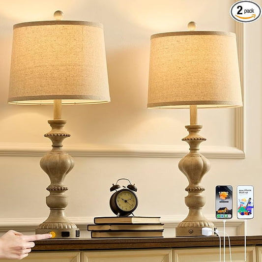 27.5" Farmhouse Table Lamps Set of 2 Bedside Nightstand Lamp with USB C+A Ports & AC Outlet, 3 Way Dimmable Touch Lamps for Bedroom Living Room Office Rustic Lamp (Gray)