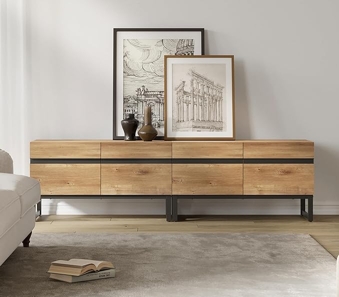 WAMPAT TV Stand and End Table Set of 3, Modern Living Room Table Sets, 70 Inch TV Stand and 2 End Tables with Drawers, Oak