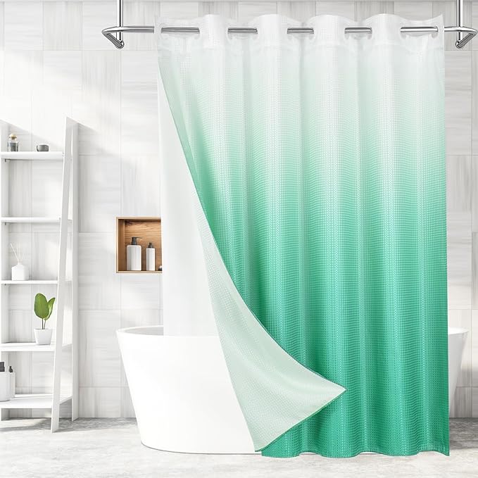 MitoVilla No Hooks Needed Turquoise Extra Long Shower Curtain with Snap-in Liner, 86 inch XL Teal Ombre Heavyweight Waffle Fabric Cloth Shower Curtains for Modern Luxury Hotel & Spa Bathroom Decor