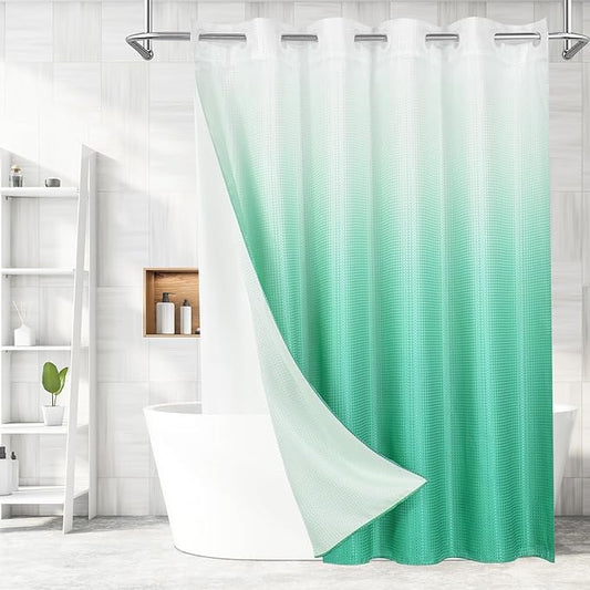 MitoVilla No Hooks Needed Turquoise Extra Long Shower Curtain with Snap-in Liner, 86 inch XL Teal Ombre Heavyweight Waffle Fabric Cloth Shower Curtains for Modern Luxury Hotel & Spa Bathroom Decor