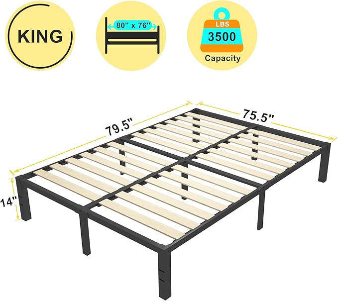 ROIL 14 inch King Bed Frames Wood with Wooden Slats - 3500lbs Heavy Duty No Box Spring Needed Metal Platform, Mattress Stoppers Iron Noise Free Bedframe, Headboard Hole Underneath Storage