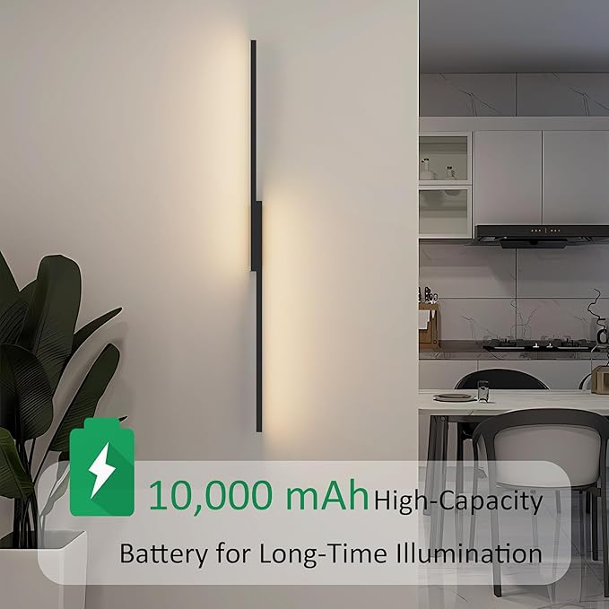 Aipsun 39.4inch Black Battery Operated Wall Sconce Set of 2, Rechargeable Wall Sconce Lighting Dimmable Wireless Wall Lights for Living Room,Bedroom