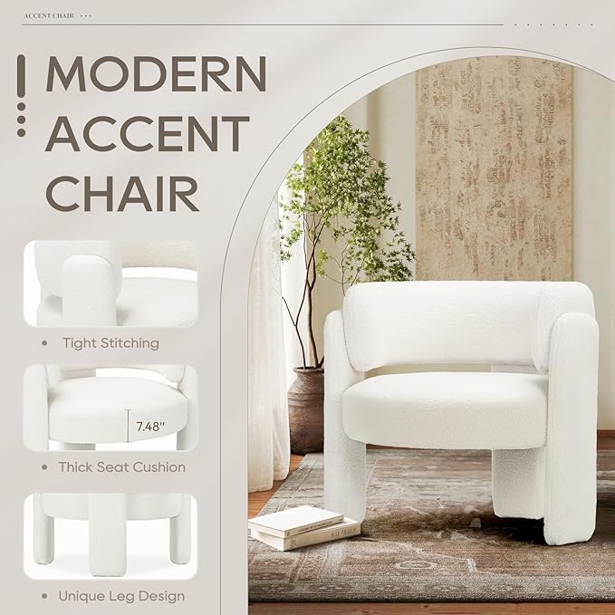 COLAMY Modern Accent Chair, Velvet Accent Chairs, Upholstered Barrel Chairs with Solid Wood Legs, Comfy Side Chair for Living Room, Bedroom, Reading, Cozy Reading Chair,Cream