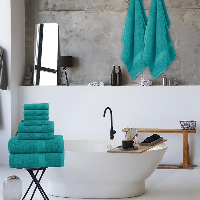 Pack of 8 Towels Set, 2 Large Bath Towels, 2 Hand Towels, 4 Wash Cloths, 100% Cotton, Lighter Weight, Quicker to Dry, Super Absorbent, Perfect for Bathroom (Teal)