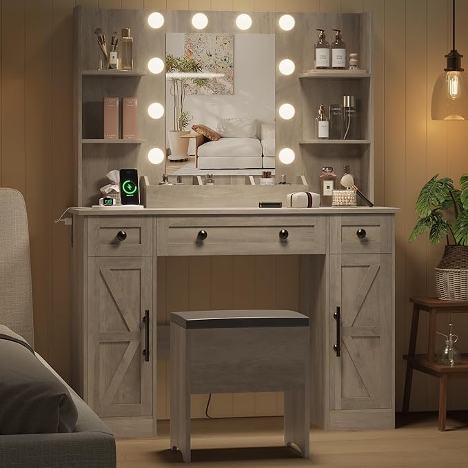 Vanity Makeup Desk with Mirror and Lights, Farmhouse Vanity Table Set with Storage Drawers, Charging Station & Chair, 43" Large Rustic Dressing Table, 3 Lighting Modes for Women Girls Bedroom, Grey