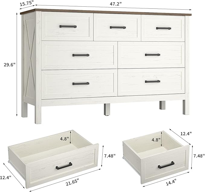 Farmhouse 7 Drawers Dresser for Bedroom, Modern Dresser with Metal Handle, Natural Texture, Wood Rustic Chest of Drawers for Bedroom,Living Room,Hallway and Entryway, Antique White