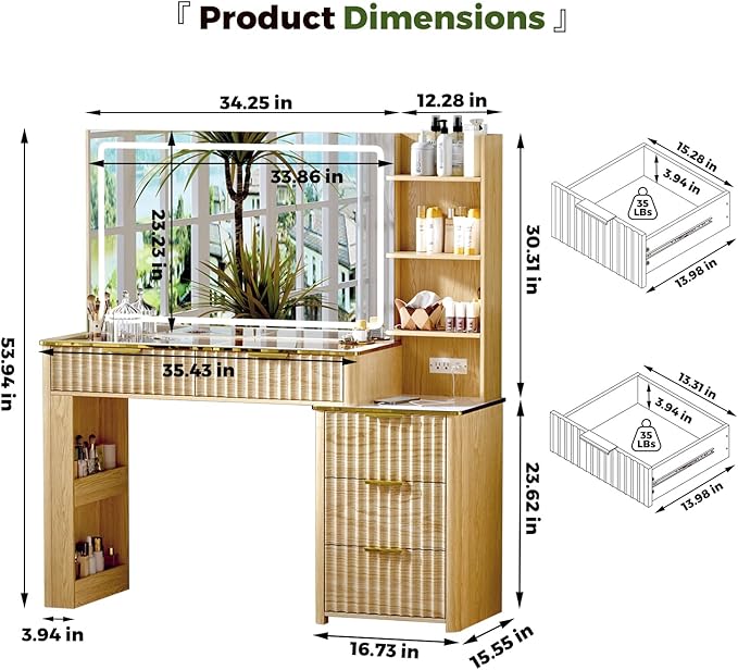 Modern Vanity Desk with Mirror and Lights, 49.2'' Fluted Makeup Vanity Desk with 5 Drawers and Shelves,Dressing Table with Glass Top and Power Outlet for Bedroom,Natural Oak