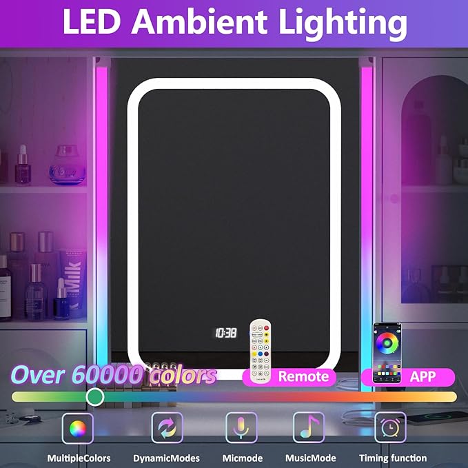 Fameill White Vanity Desk with Mirror,Makeup Vanity with RGB Lights & Power Strip,Makeup Desk Vanity Table with 5 Drawers Lots Storage & Time Display,3 Lighting Modes LED Lighted Mirror,41.3in(L)