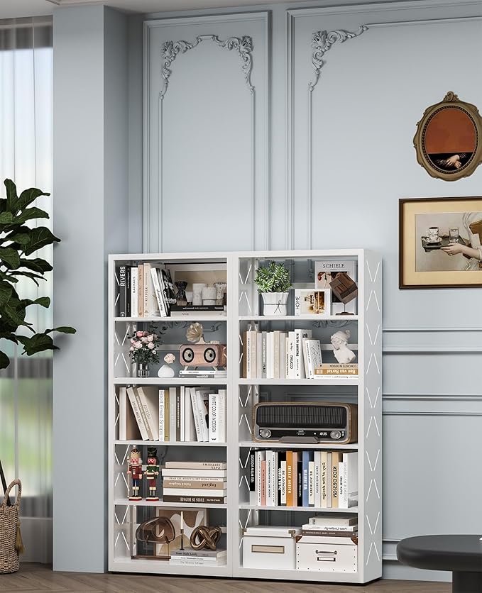 Heavy-Duty Metal Bookcase, 5-Tier Adjustable Bookshelf with Anti-Tip Kit & Leveling Feet, Heavy-Duty Metal Storage Organizer, Modern Display Shelves for Kitchen, Garage, Home Office