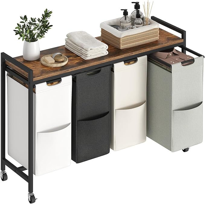 HOOBRO Laundry Sorter 4 Sections, Laundry Hamper with Wheels, 4 × 10.5 Gal (40 L), Rolling Laundry Basket, Pull-Out and Removable Oxford Fabric Bags, Rustic Brown BFE04XY01