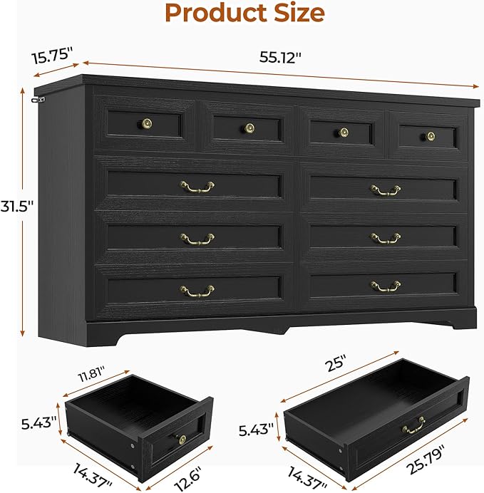 DICTAC 10 Drawers Dresser for Bedroom,55" Wide Farmhouse Dresser with Natural Texture and Vintage Metal Handles, Rustic Wood Chest of Drawers for Bedroom, Living Room, Hallway,Black