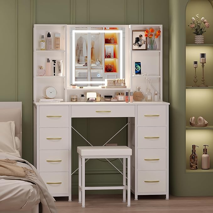 Vanity Desk with Mirror and Lights Charging Station Modern Industrial Dressing Table with 9 Fabric Drawers and Open Storage Shelves,Makeup Vanity Table for Woman Bedroom (White)