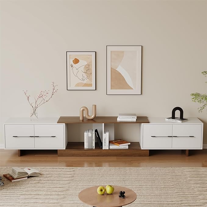 Extendable TV Stand, Modern TV Console with 4 Large Drawers and Adjustable Shelves, Entertainment Center Fits Up to 120" TV, Media Console for Living Room, Walnut & White (Extendable 74.8"-102.3")