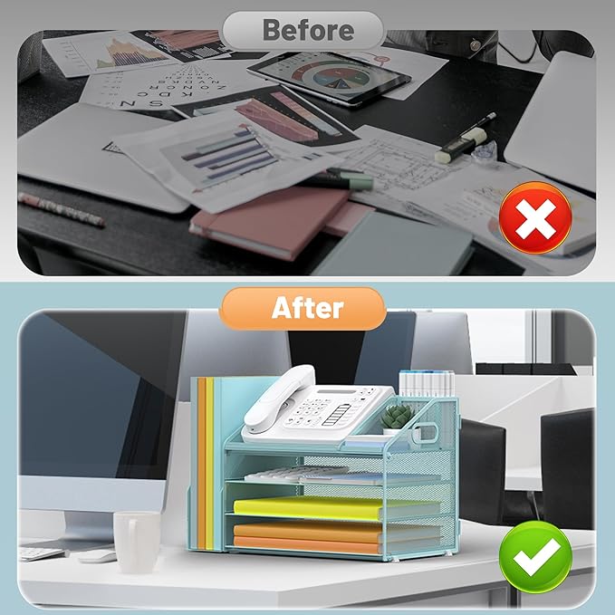 DocNest 4 Tier Paper Letter Tray File Organizer, Mesh Desk File with Handle, Workspace Desk Organizers with Pen Holder, Office Organization Storage Accessories - Blue