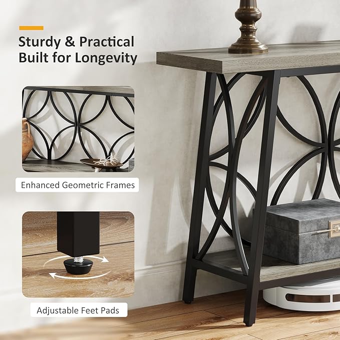 70.9-Inch Sofa Table, 2-Tier Narrow Console Table with Storage for Entryway, Living Room, Hallway, Foryer, Geometric Pattern Design (Grey)