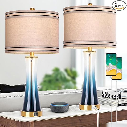 27.4''Table Lamps for Living Room Set of 2，3-Way Dimmable Modern Glass Bedside Lamps with USB Ports，Tall Lamps for Night Stands，Touch End Table Lamps for Bedroom Desk Lamps for Home Office（Blue）