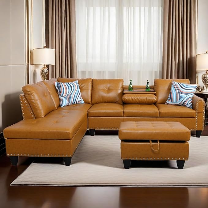 L Shaped Sectional Couch with Storage Ottoman, Modern Nailhead Comfy Lounge Sofa with Reversible Cup Holder & Chaise, 97" 4 Seat Modular Sofá for Living Room Apartment, Ginger
