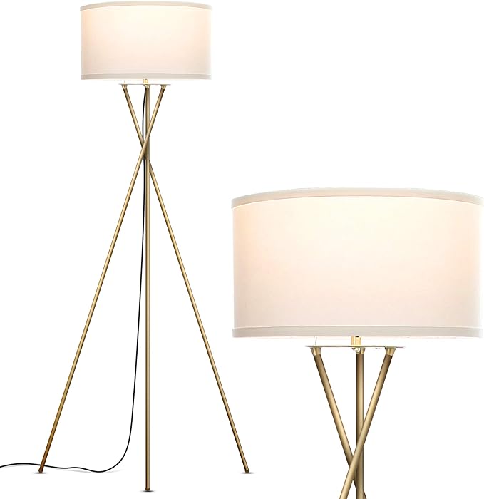 Brightech Jaxon LED Floor lamp, Modern Lamp for Living Rooms & Offices, Tall Lamp with Contemporary Drum Shade, Gold Tripod Standing Lamp for Bedroom Reading, Great Living Room Decor - Brass