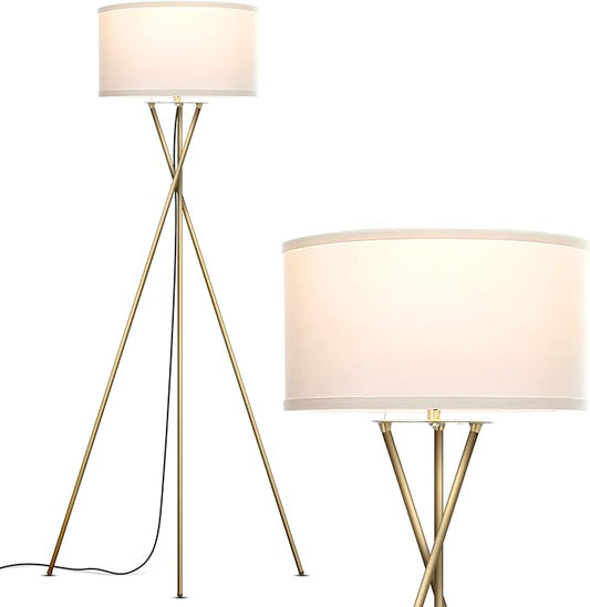Brightech Jaxon LED Floor lamp, Modern Lamp for Living Rooms & Offices, Tall Lamp with Contemporary Drum Shade, Gold Tripod Standing Lamp for Bedroom Reading, Great Living Room Decor - Brass