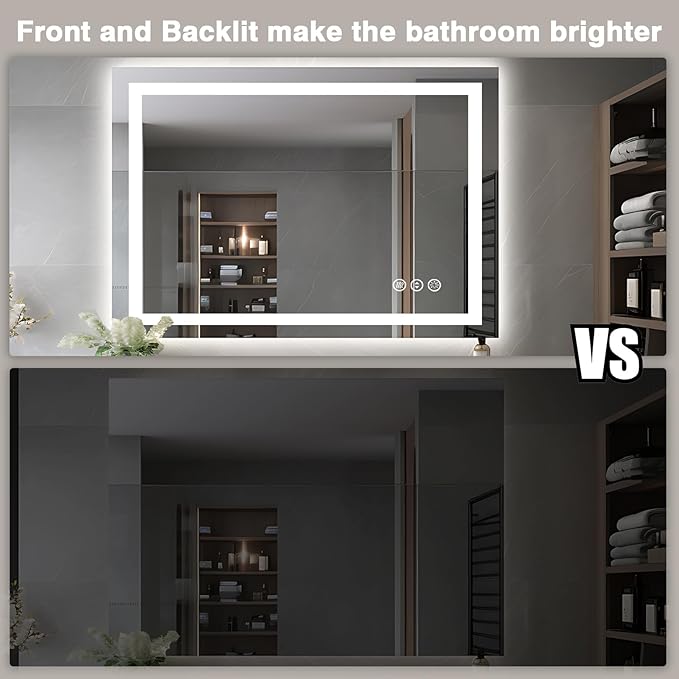 44"x32" Bathroom Mirror with LED Lights, Front & Backlit, Anti-Fog, Dimmable, Waterproof & Corrosion Proof (Horizontal/Vertical)