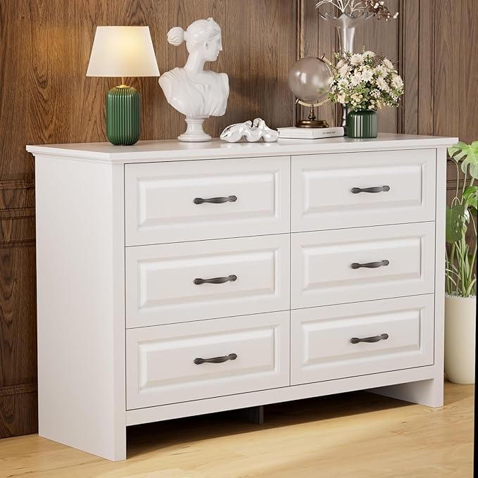 Pipishell White 6 Drawer Dresser for Bedroom, 47" Wide Wood Chest of Drawers with Bar Handles, Modern Storage Dresser Organizer for Bedroom, Living Room, Hallway, White