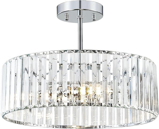 Crystal Chrome Ceiling Light, Modern Semi Flush Mount Ceiling Lighting Fixture, Round Hallway Lighting Fixtures Chandelier for Kitchen Entryway Bedroom Dining Room, 3-Light, 15.7 Inch