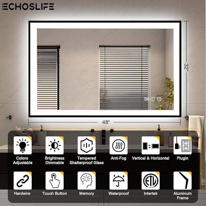 48x32 LED Bathroom Mirrors for Wall -Black Aluminum Framed (Front and Backlit), Anti-Fog Vanity Mirror With Lights,Stepless Dimmable Lighted Mirror,3 Colors Smart Mirror(Horizontal/Vertical)