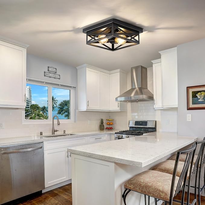 Farmhouse Flush Mount Ceiling Light for Kitchen,2-Light Modern Rustic Metal Finish Industrial Kitchen Ceiling Light Fixture for Bedroom, Hallway Entryway(Black & Gold Border)