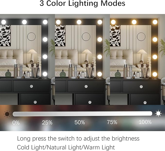 Vanity Desk & Power Outle, Makeup Vanity with Mirror and 12 LED Lights, 9 Drawers Makeup Table with Fold-up Panel, 3 Lighting Modes Brightness Adjustable (Black)