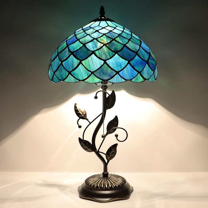 Tiffany Table Lamp, Stained Glass Desk Light, W12H19 Inch, Metal Leaf Base (Fishscale Style)