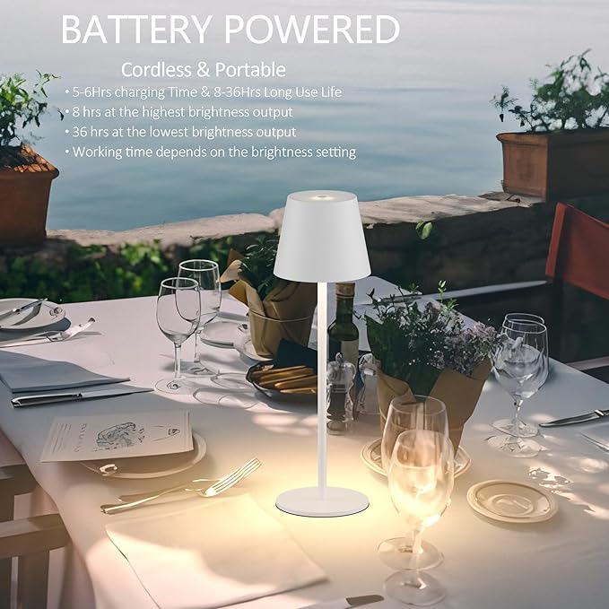 2-Pack White Cordless Table Lamp,Rechargeable LED Desk Lamp,5000mAh Battery Operated Lamp,3000K Warm Light Stepless Dimming,IP54 Waterproof Portable Table Light for Restaurant/Camping,White