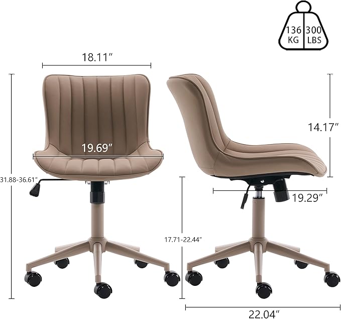 YOUNIKE Home Office Desk Chair with Wheels Armless Vanity Chair with Back Comfy Modern Leather Upholstered Rolling Task Chair Swivel Small Cute Sewing Chair No Arms Wide Adjustable Ergonomic All Khaki