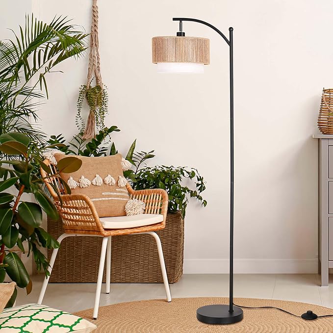 SUNMORY Floor Lamps for Living Room with 12W LED Bulb, Arc Floor Lamp with 3 Color Temperatures, Farmhouse Floor Lamps with Adjustable Rattan & Fabric Shades, Boho Standing Lamp for Bedroom, Corner
