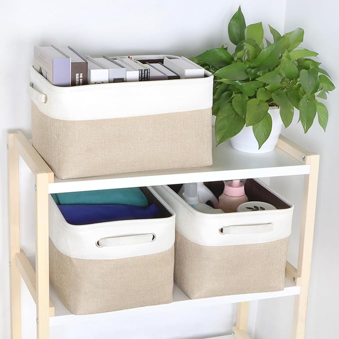 Kntiwiwo Foldable Storage Bins 15" x 10" x 9.5" Fabric Storage Basket Cube with Handles Large Linen Closet Organizer Bins for Organizing Shelf Home,Set of 3, Beige