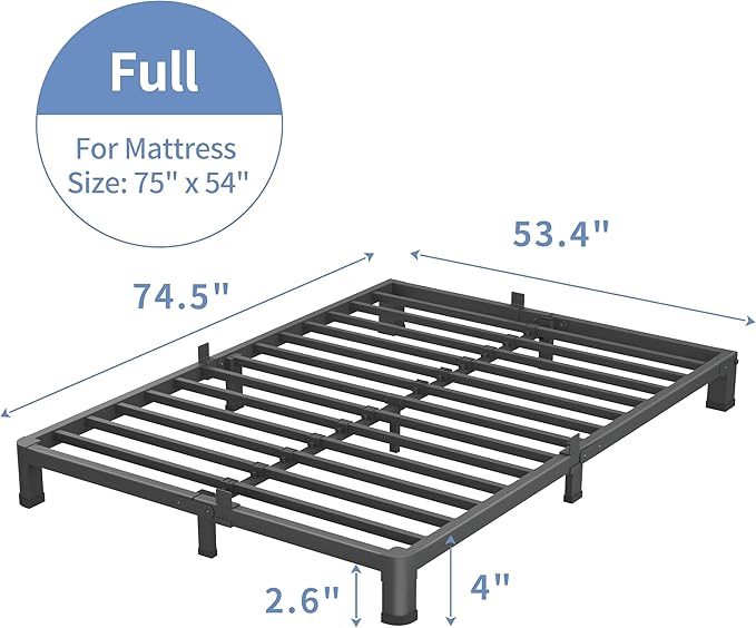 4 Inch Full Size Bed Frame, 3500Lbs Heavy Duty Metal Platform with Round Corner Legs Mattress Slide Stopper, Steel Slat Support No Box Spring Needed, Noise Free, Non-Slip, Easy Assembly