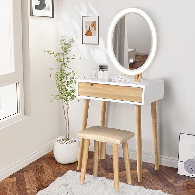 ARTETHYS Small Makeup Vanity Desk with 3 Adjustable Lighted Mirror and Chair, 24 Inch Vanities Set with Drawer Wooden Frame Dressing Table for Mini Space