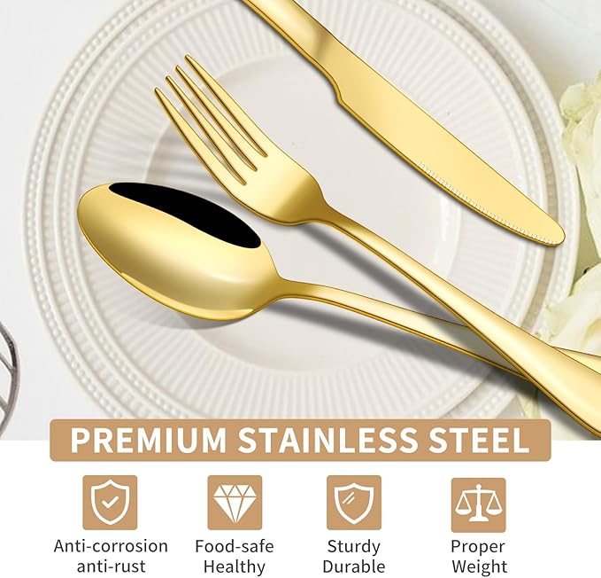 20-Piece Gold Silverware Set, ENLOY Flatware Cutlery Set Stainless Steel Utensils Service for 4, Heavy Duty Gift and Dishwasher Safe, Mirror Polished Dinner Knife, Fork, Spoon for Restaurant