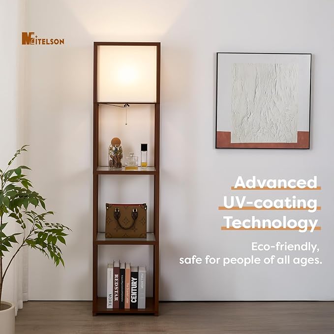 Floor Lamp with Shelves, Modern Standing Lamp with Tempered Glass, Large Display Shelf Lamp, Tall Lamps with Shelves for Living Room, Bedroom, Office, Walnut Brown