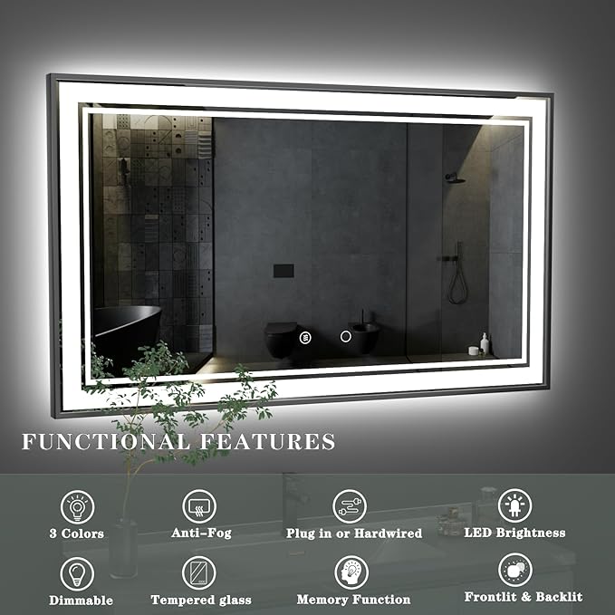 55" x 32" LED Bathroom Mirror with Lights Framed LED Mirror for Bathroom Backlit and Front Lighted Bathroom Mirror Black Square Aluminum Frame Anti-Fog Dimmable Vanity Adjustable Memory