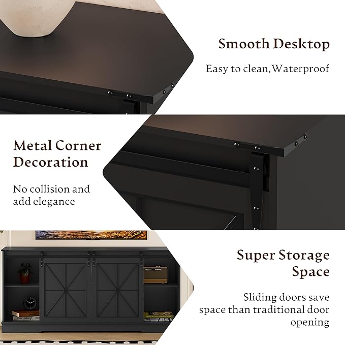 Farmhouse TV Stand for 55 60 65 Inch TV, Mid Century Modern TV Cabinet with Storage and Sliding Barn Doors, Easy Assembly, Entertainment Center Console Table for Bedroom Living Room-Black