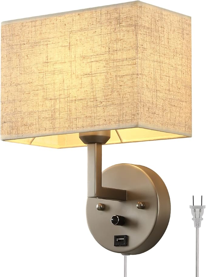 Plug in Wall Sconce with Dimmer Switch and USB Port，1-Light 9.5“Rectangular Linen Fabric Shade，Bedside Wall Lamp Satin Nickel Finish，Wall Lamps Perfect for Bedroom, Living Room and Hotel