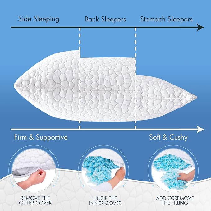 Side Sleeper Pillow for Adults, King Size Cooling Pillow for Neck and Shoulder Pain Relief, Adjustable Firm Soft Shredded Memory Foam Pillows for Side Back Stomach Sleepers, Bed Pillows for Sleeping