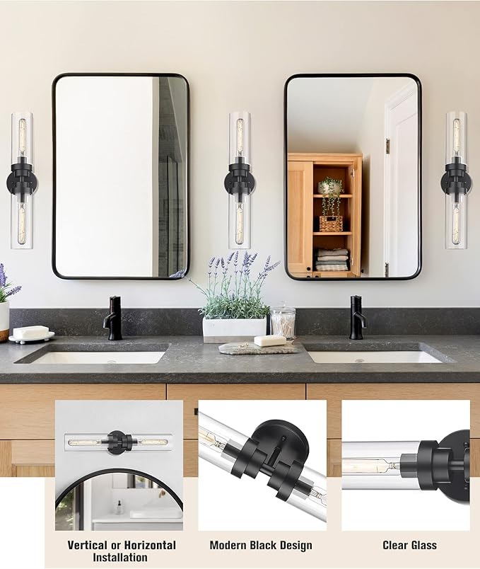 Emak 22 Inch Black Bathroom Light Fixtures Over Mirror, 2-Light Bathroom Vanity Light with Clear Glass Shade, 2 Pack Wall Sconce for Bathroom, Bedroom, Hallway, VL085-BKL-2-2PK