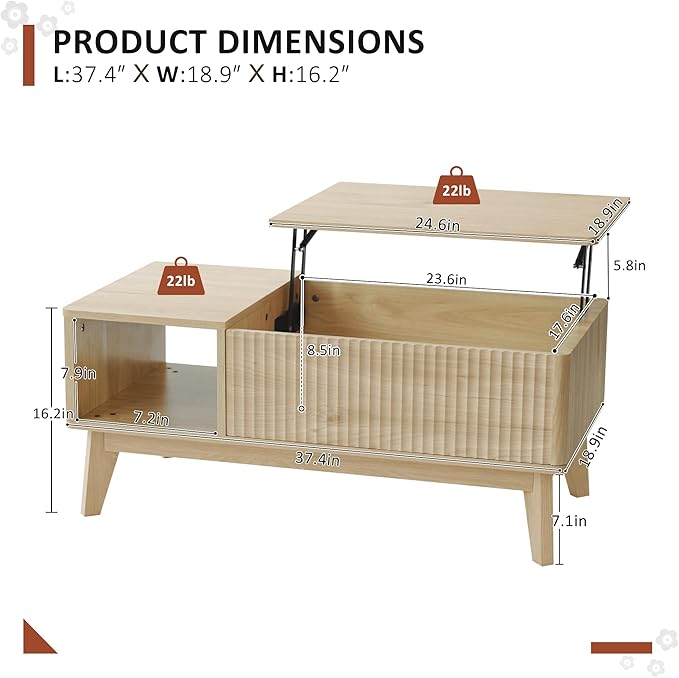 LYNCOHOME Fluted Lift Top Coffee Table with Hidden Compartment, Modern Center Table for Living Room, Home Office, Natural