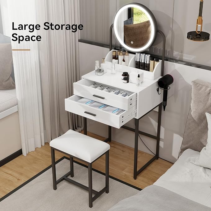 ARTETHYS Small Vanity Desk with Mirror and Lights Compact Makeup Vanity Set with Drawers for Bedroom Mini White Modern Dressing Table with Stool