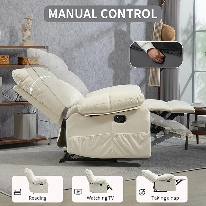 Large Boy Lazy Recliner Chair for Adults, Extra Soft and Wide Back Recliner Sofa in Velvet, Overstuffed Manual Reclining Chair for Living Room, Bedroom, Reception Room, Office, White Cream