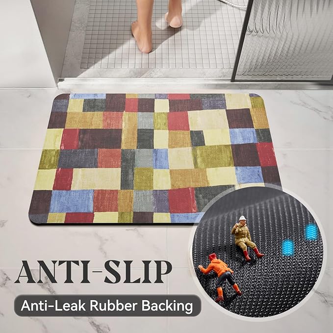 MontVoo -Bath Mat-Non Slip Thin Bathroom Rugs Fit Under Door- Quick Dry Absorbent Faux Suede Surface Grey Bathroom Floor Mats-Shower Rug for in Front of Bathtub Shower Retro Colors Plaid 17x27.5