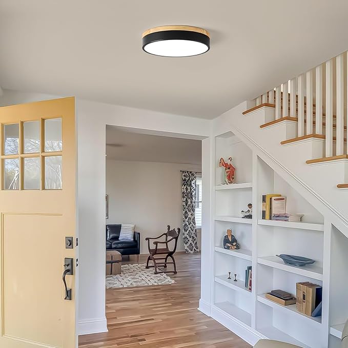 Dimmable Wood LED Ceiling Light, 5CCT 2700K-6000K Modern Black Flush Mount Ceiling Light, Minimalist Round Close to Ceiling Light Fixture for Bedroom, Kitchen, Laundry Room, Hallway, 11.81in