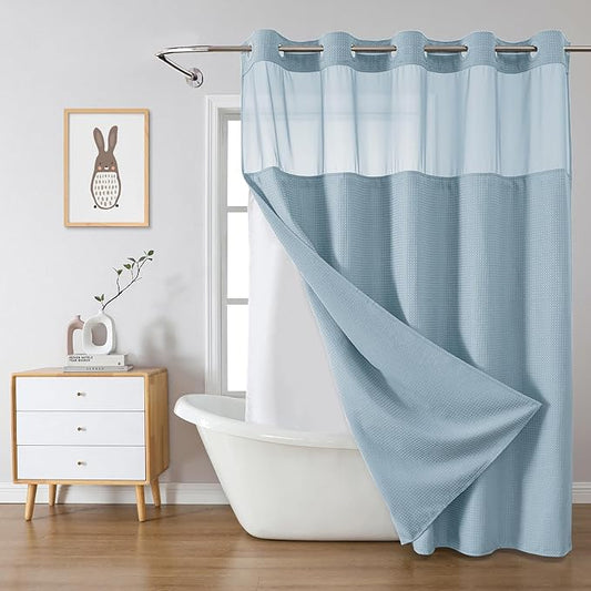 Teal Extra Long No Hook Waffle Weave Shower Curtain with snap-in Liner Replacement, 230GSM Waterproof Fabric Hotel Shower Curtain Set for Bathroom, Through Mesh Top Window,71Wx86H